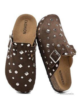 Women's Suede Clogs Cork Footbed Mules Buckle Slip-On